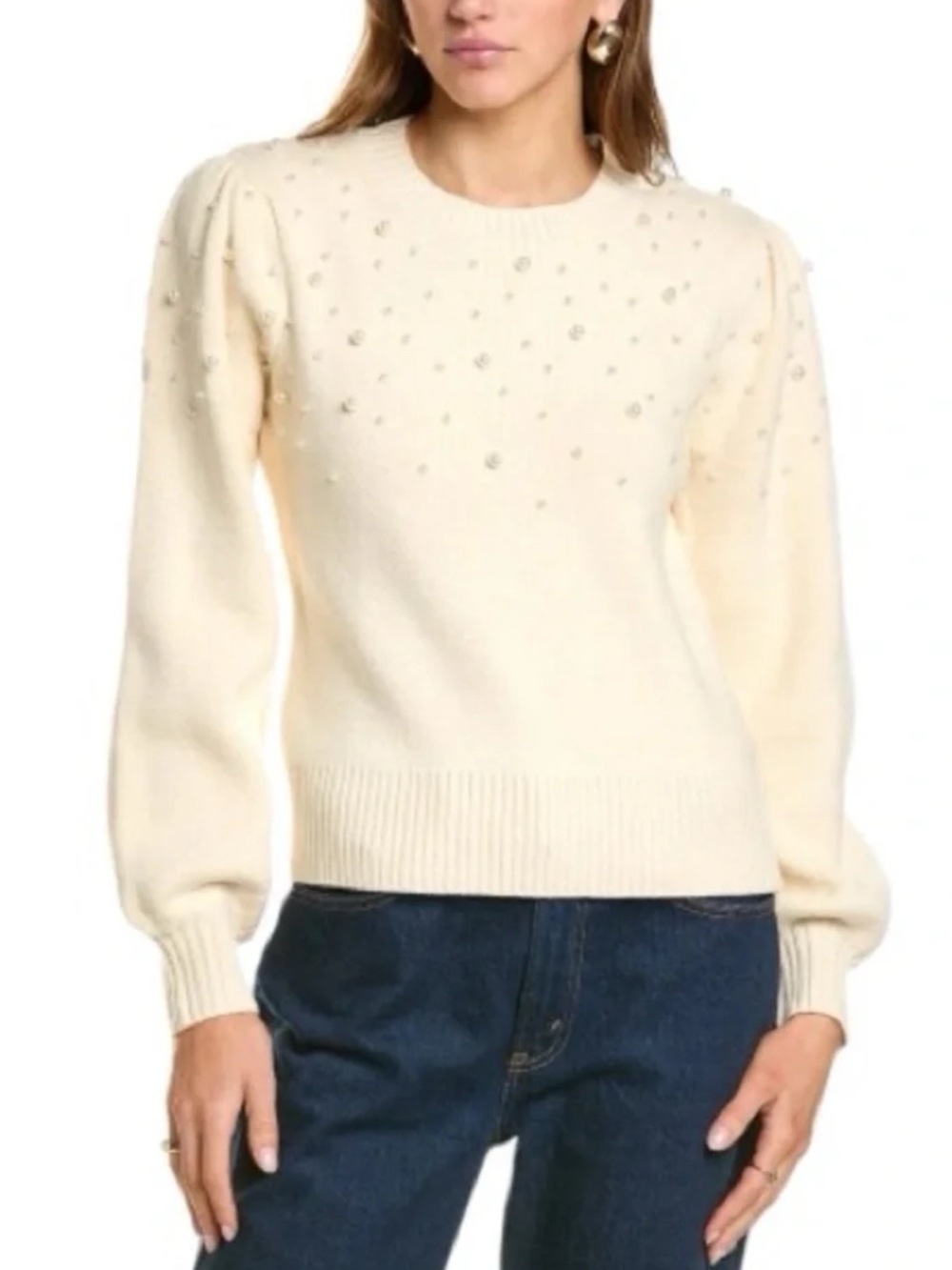 French Connection Cream Pearl Embellished Puff-Sleeve Crewneck Sweater